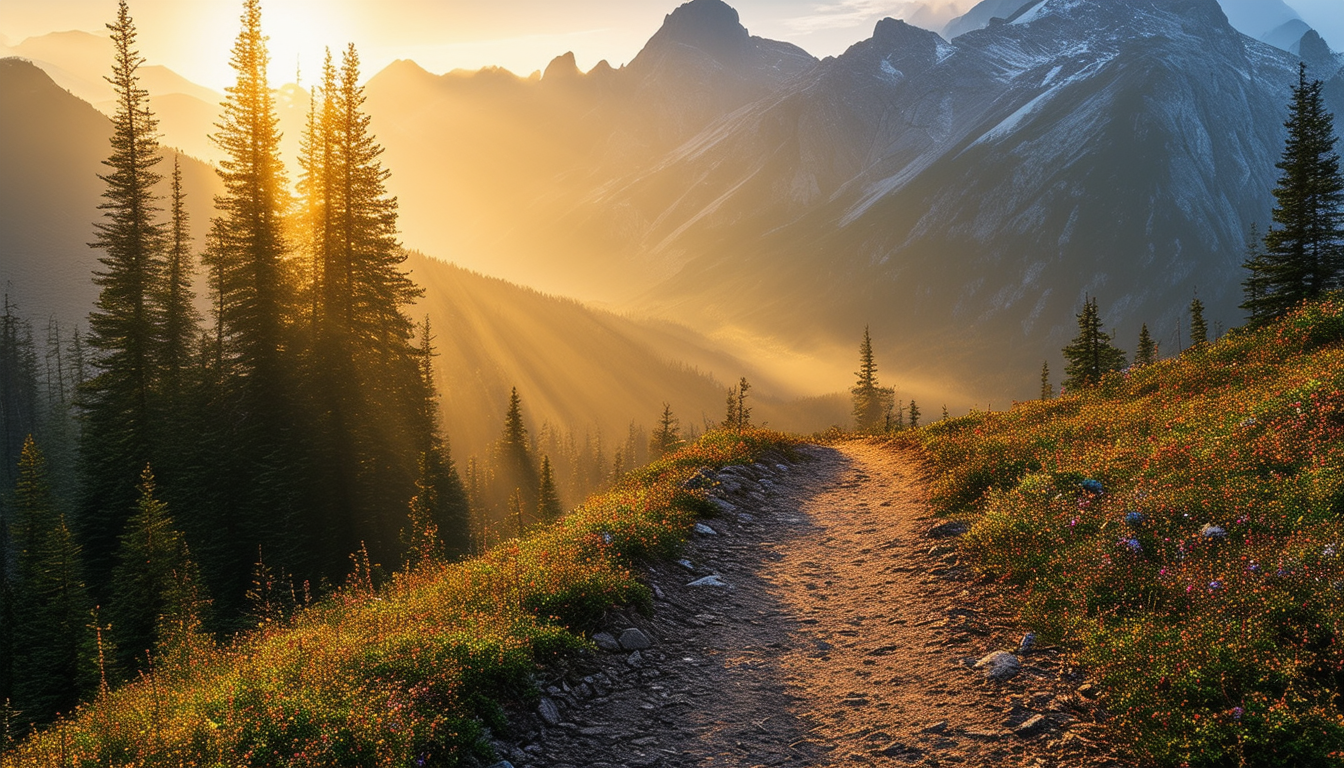 Misty mountain trail at sunrise, winding through pine forest, generated by stability.ai"